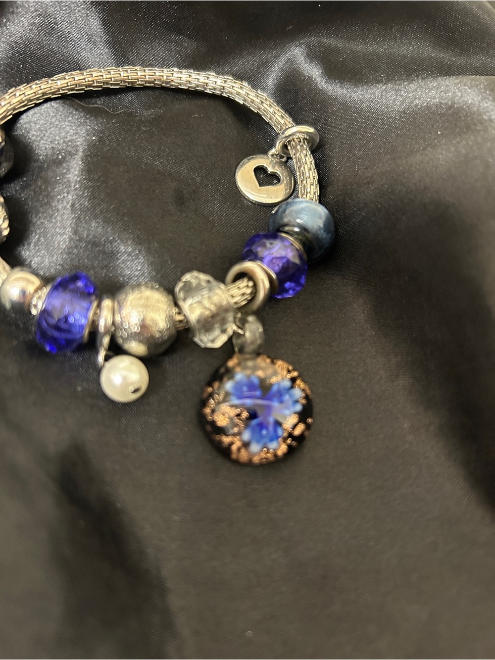 3/$15 Silver Charm Bracelet with Blue Glass Beads and Floral Pendant